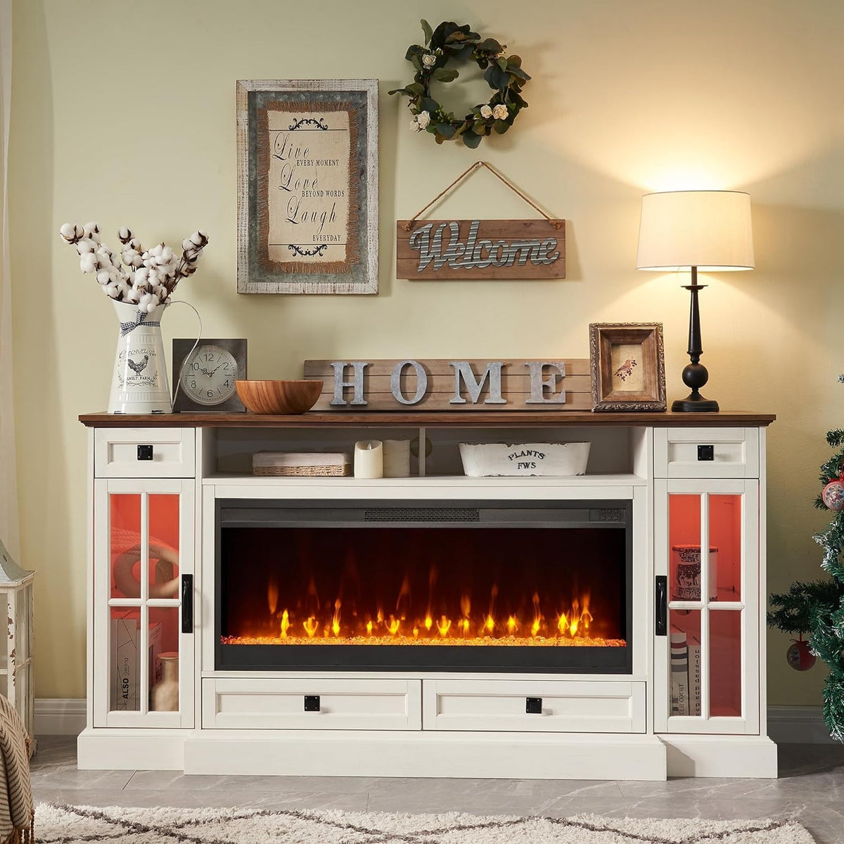 Antique White Fireplace TV Stand with Storage Drawers & Cabinets W3445