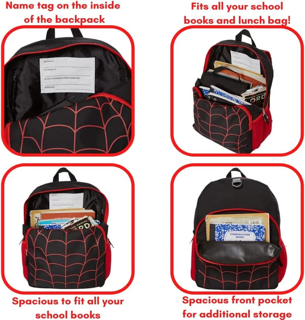 16 inch Red Black Spiderweb Backpack with Lunch Box and Water Bottle X9182