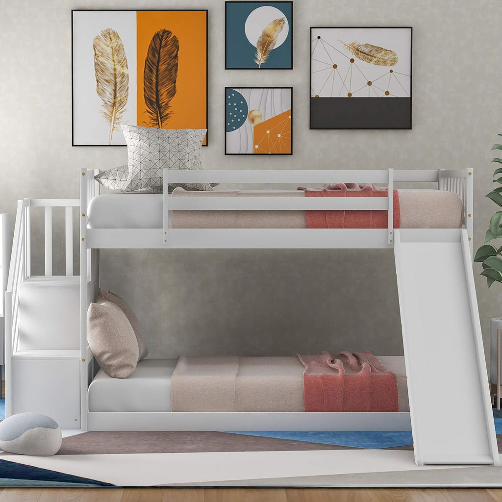 Twin Low Profile Bunk Beds with Slide and Staircase X37761