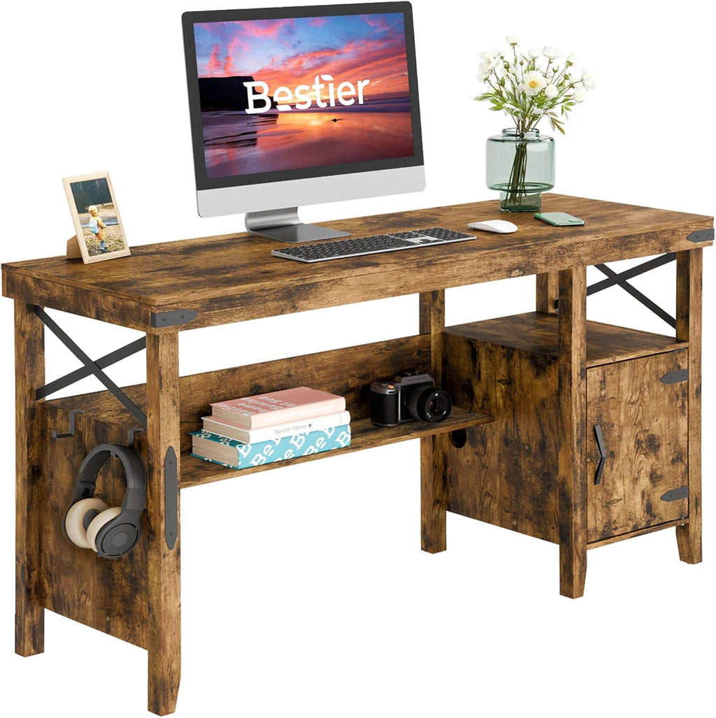 Rustic Brown Computer Desk with Storage Cabinet and Bookshelf A11383
