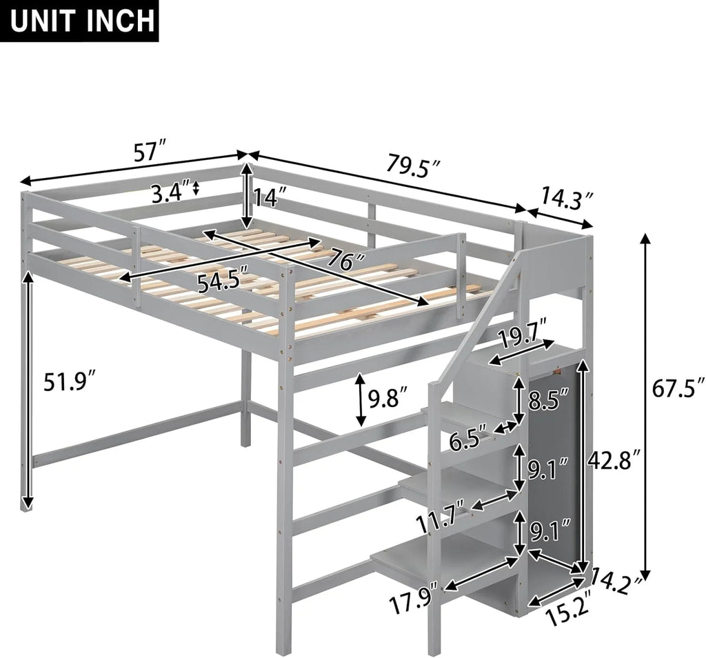 Full Size Wood Loft Bed with Storage Staircase and Wardrobe Grey S816
