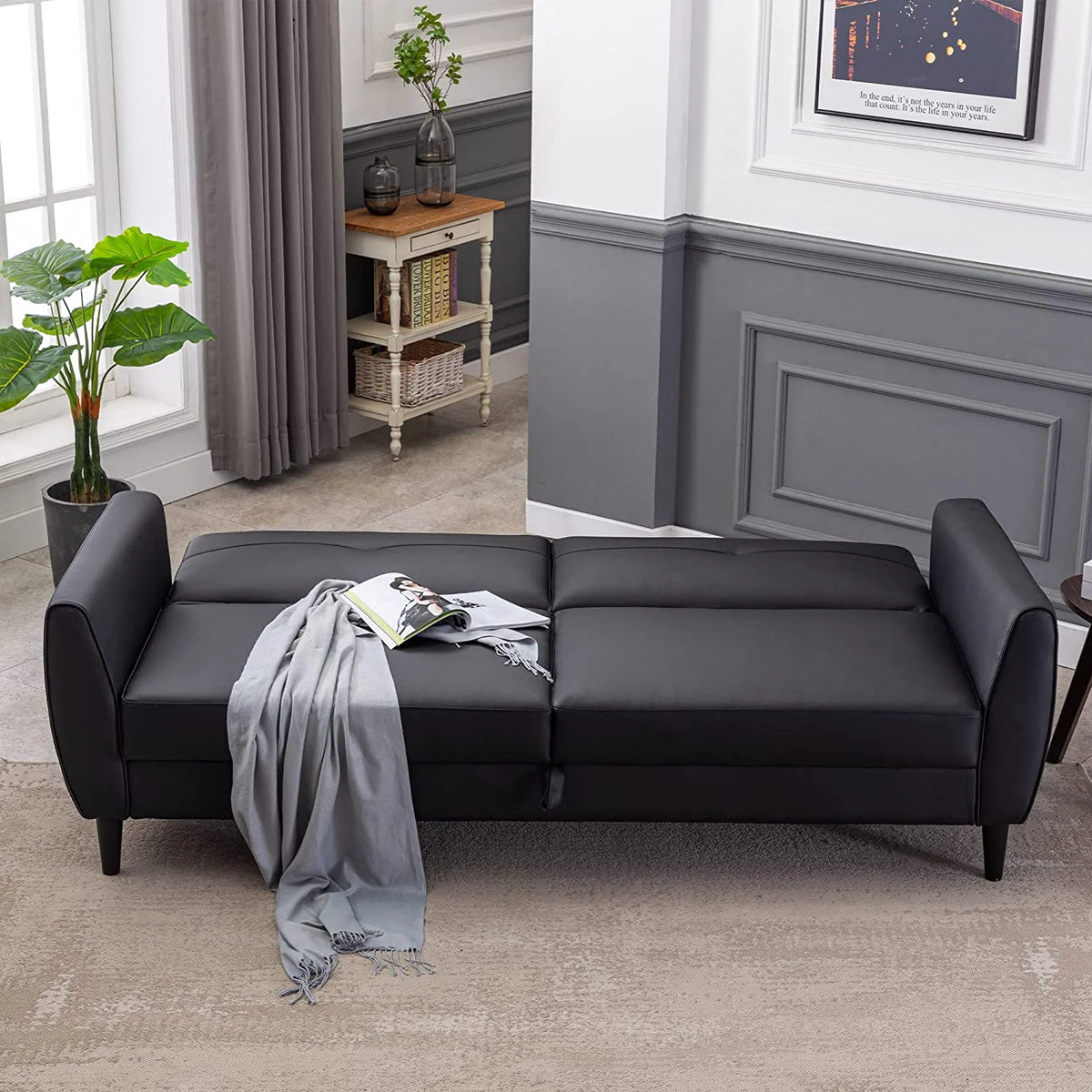 Black PU Leather Convertible Folding Sleeper Sofa Bed with Storage Box G518