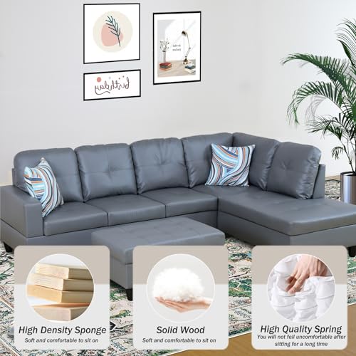 Faux Leather L Shaped Sectional Sofa with Storage Ottoman and Two Pillow M4238