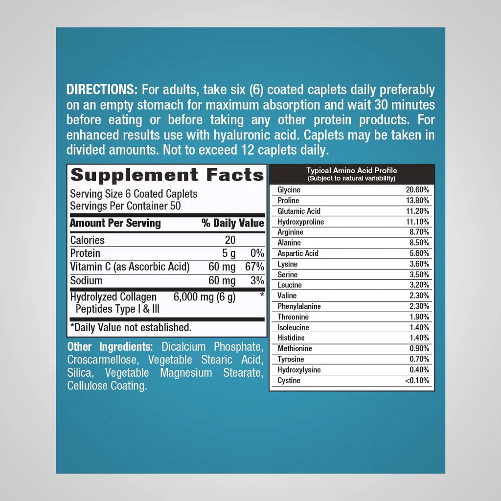 Collagen Pills 6000mg 300 Caplets Hydrolyzed Peptide Supplement Type I & III Non-GMO Gluten Free K45124
