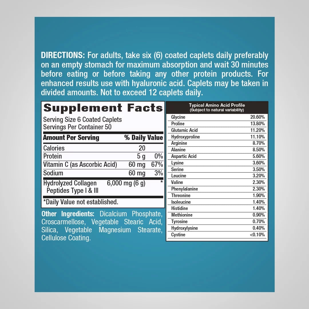 Collagen Pills 6000mg 300 Caplets Hydrolyzed Peptide Supplement Type I & III Non-GMO Gluten Free K45124