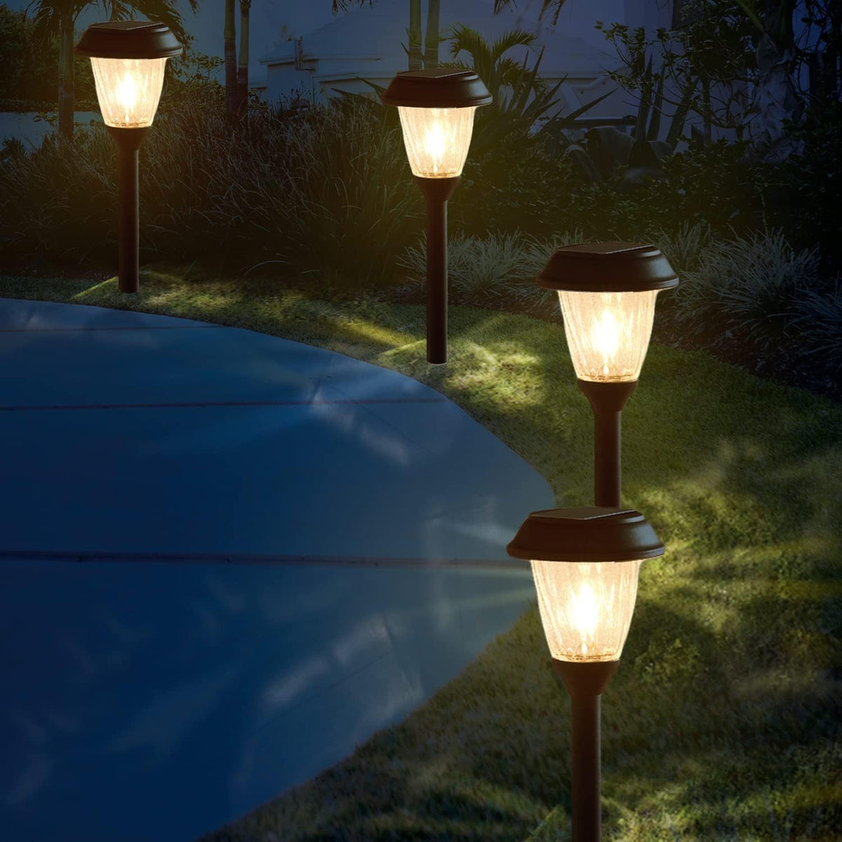 4 Pack Warm White Black Metal Glass Solar Path Lights H664819