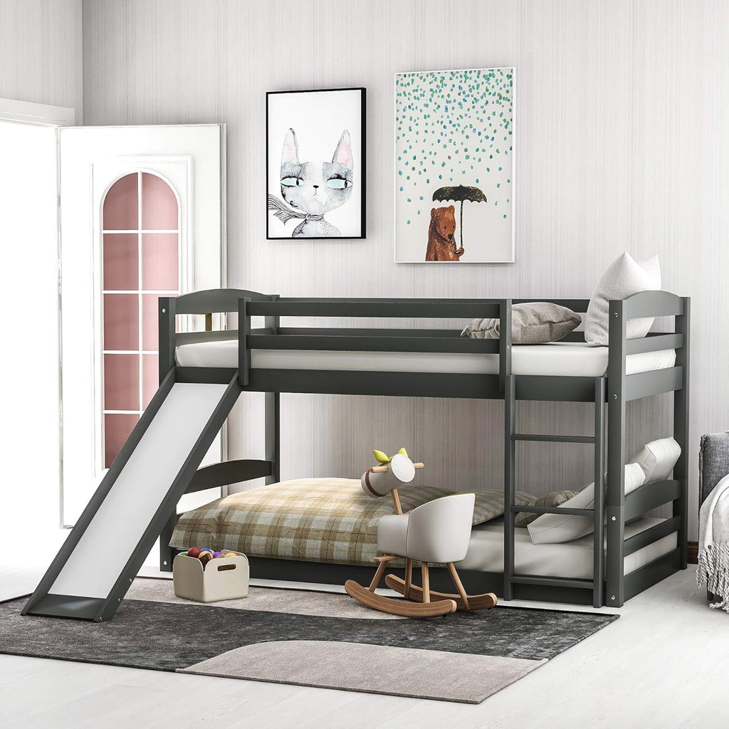 Twin Over Twin Wood Bunk Beds with Ladder Grey X77500