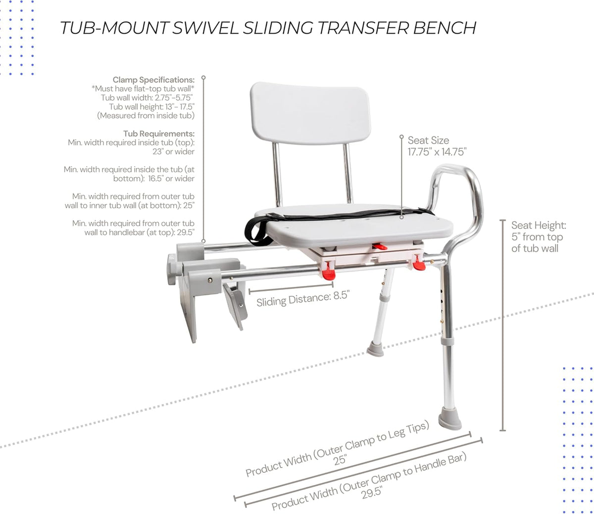 Tub-Mount Swivel Transfer Bench, Weight Capacity 350 LBs U5283