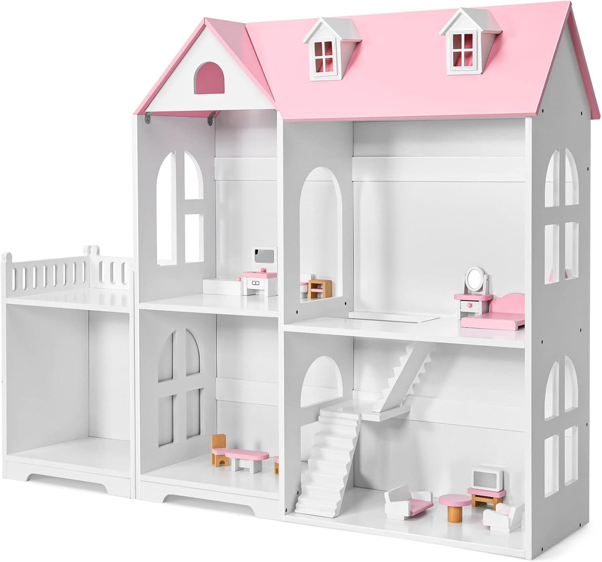 Kids Wooden 2-in-1 Dollhouse Bookcase with 5 Rooms and Hidden Storage S20583