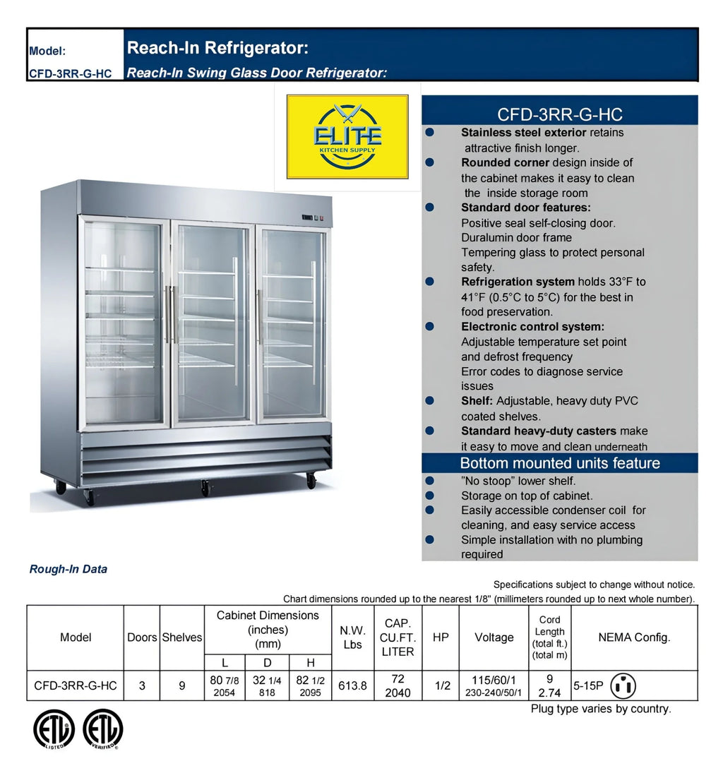 Three Glass Door Upright Reach-In Stainless Steel Commercial Refrigerator, 72 Cu. ft. X46508