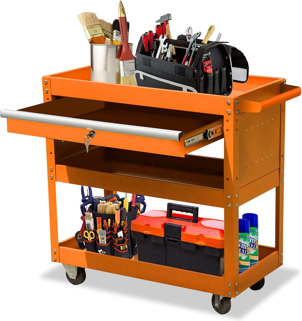 3-Tier Metal Tool Cart with Drawer and Lock J619