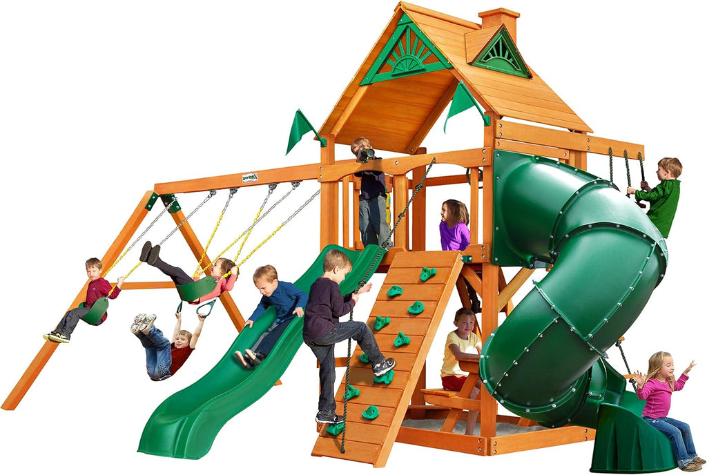 Brown Wooden Swing Set with Two Slides H938