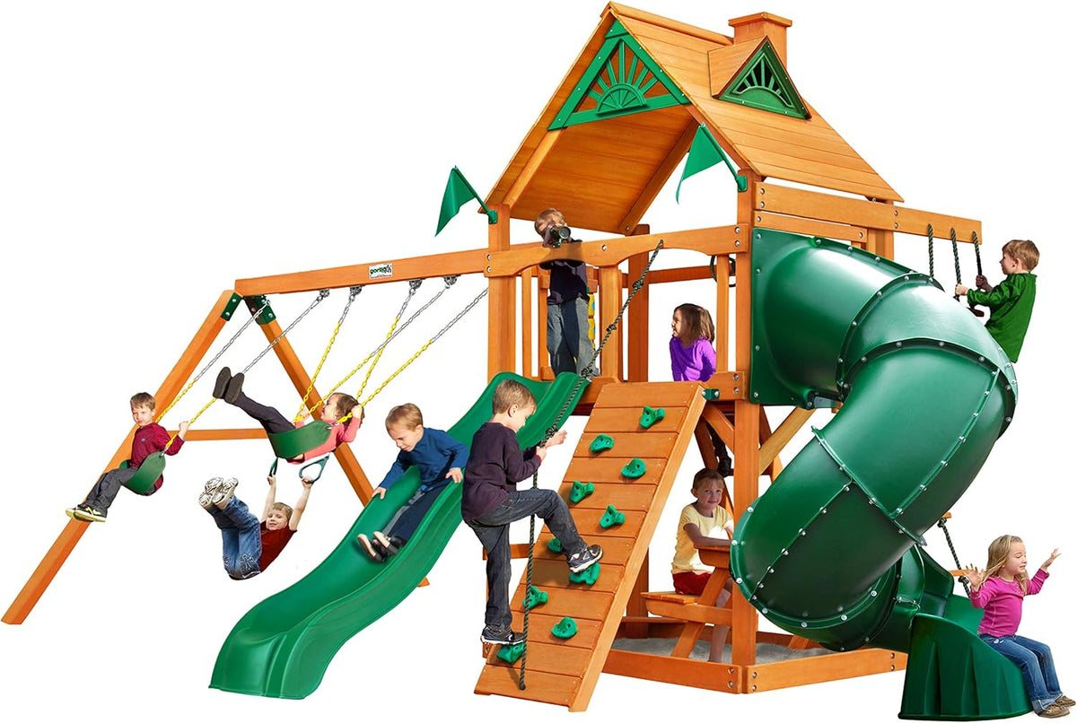 Brown Wooden Swing Set with Two Slides H938