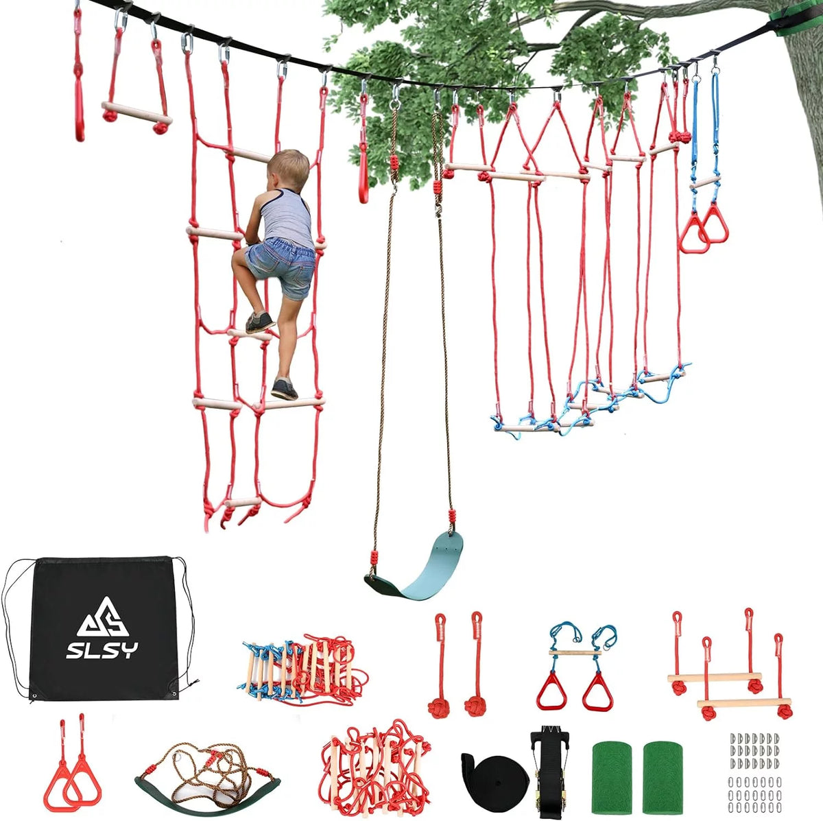 60FT Durable Ninja Slackline Kit with 10 Obstacles & Bag G111