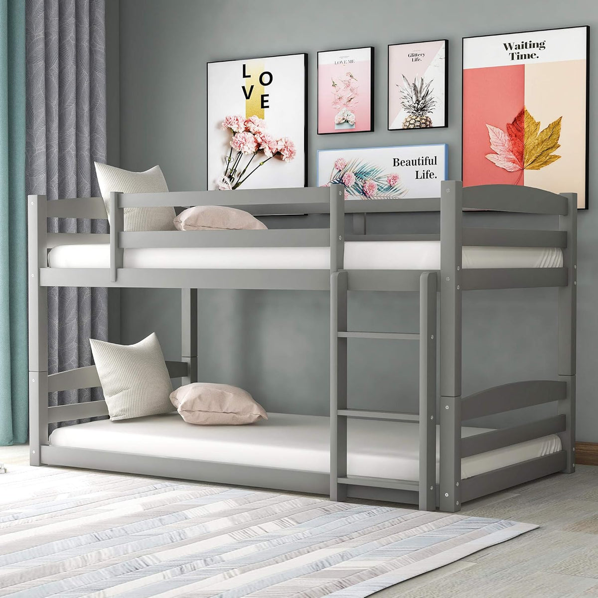 Twin Over Twin Wood Bunk Beds with Ladder Grey X77500