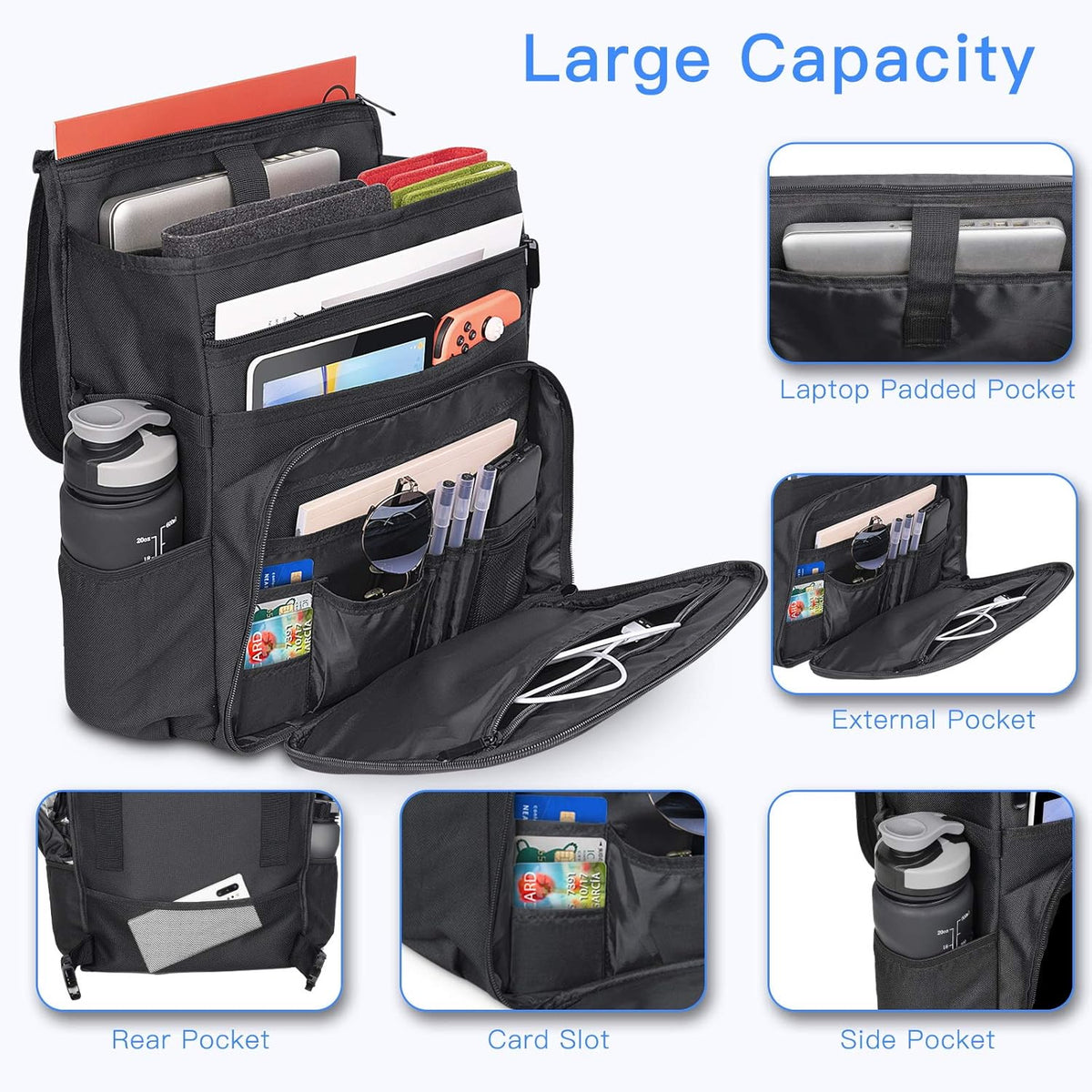 Black Car Front Seat Organizer Bag with 3 Adjustable Straps W142