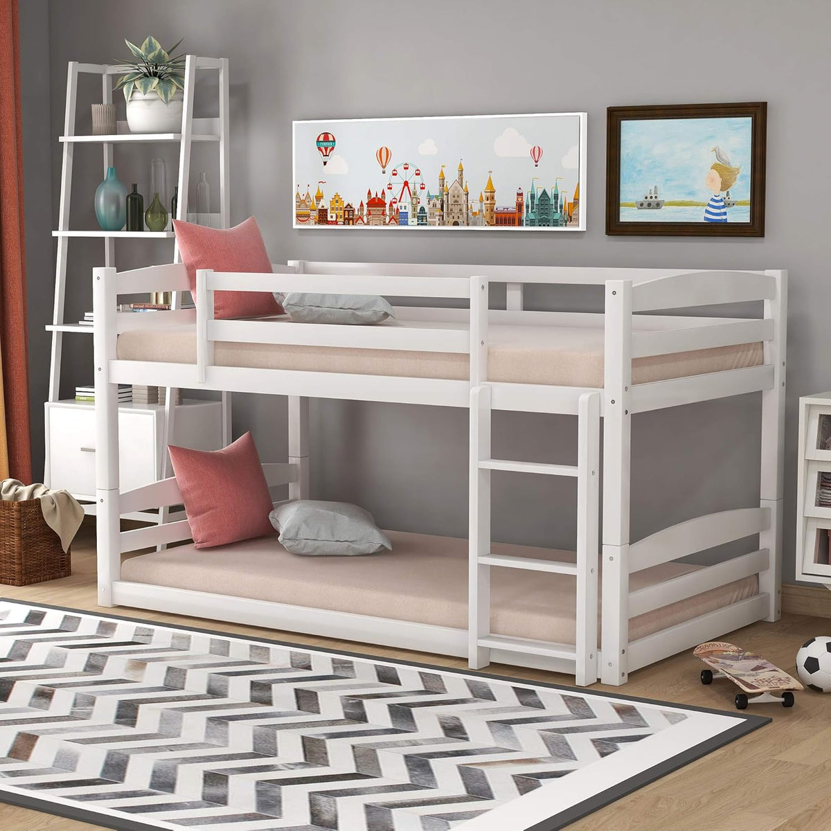 Twin Over Twin Wood Bunk Beds with Ladder Grey X77500