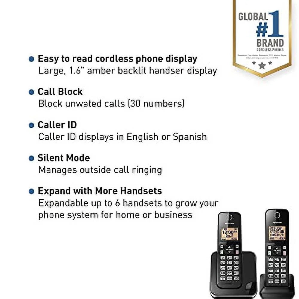 2 Handset Cordless Phone System with Amber Backlit Display (Black) Q634
