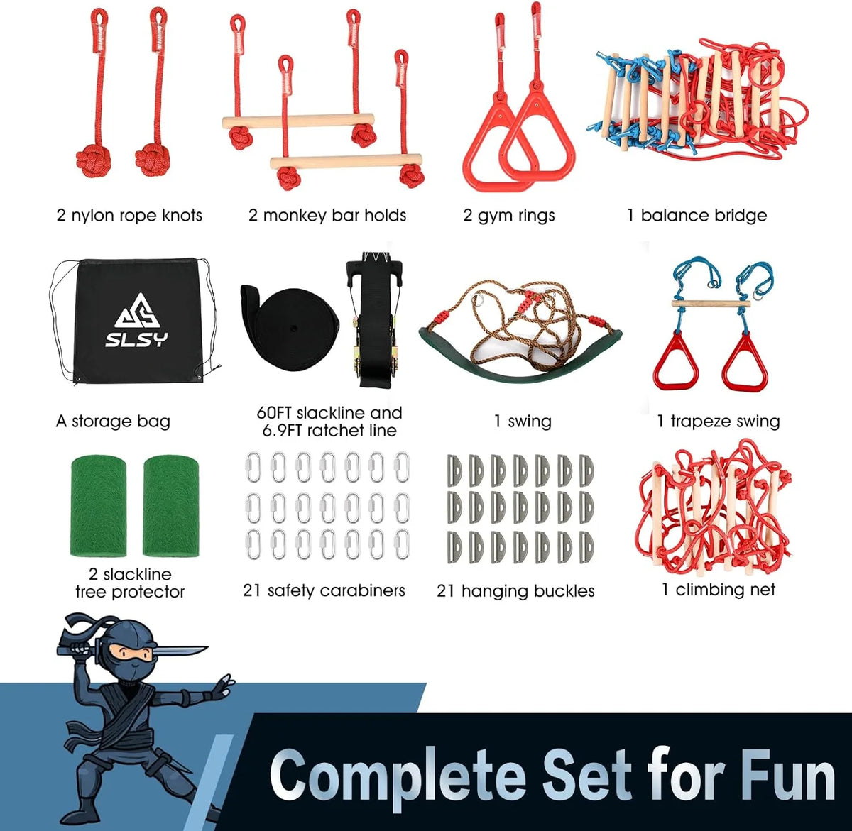 60FT Durable Ninja Slackline Kit with 10 Obstacles & Bag G111