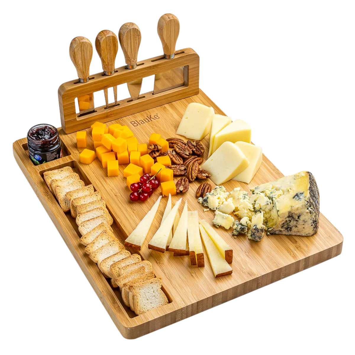 Bamboo Cheese Board and Knife Set 14x11 inch with 4 Cheese Knives P129633