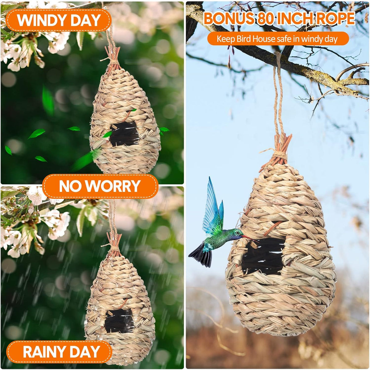 8 Pack 9.45 x 4.33 Inch Hand Woven Natural Fiber Hummingbird Nest Houses X204733