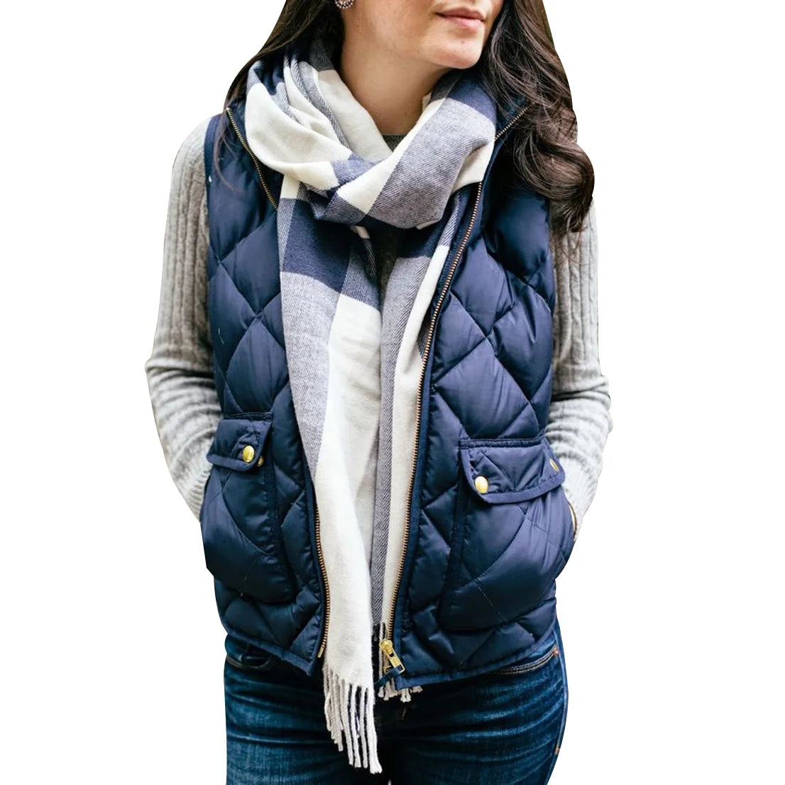 Women's Plus Size Quilted Vest, Stand Collar Lightweight Sleeveless Zip Padded Gilet Y87859