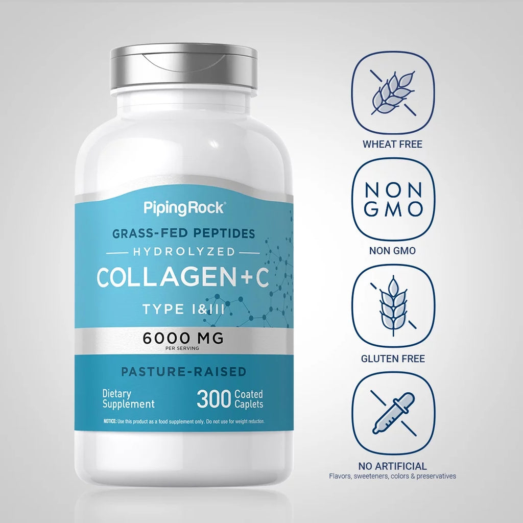 Collagen Pills 6000mg 300 Caplets Hydrolyzed Peptide Supplement Type I & III Non-GMO Gluten Free K45124