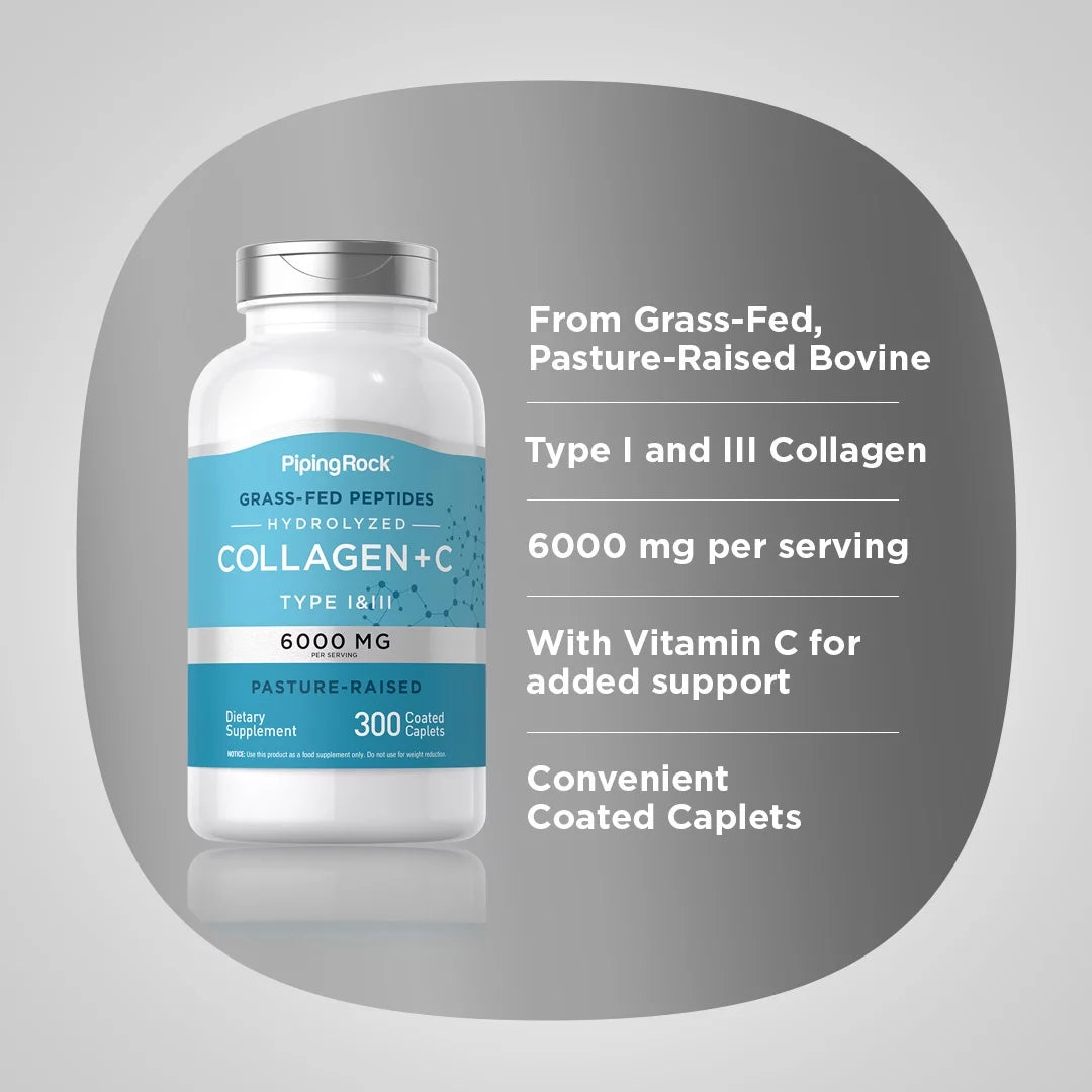 Collagen Pills 6000mg 300 Caplets Hydrolyzed Peptide Supplement Type I & III Non-GMO Gluten Free K45124