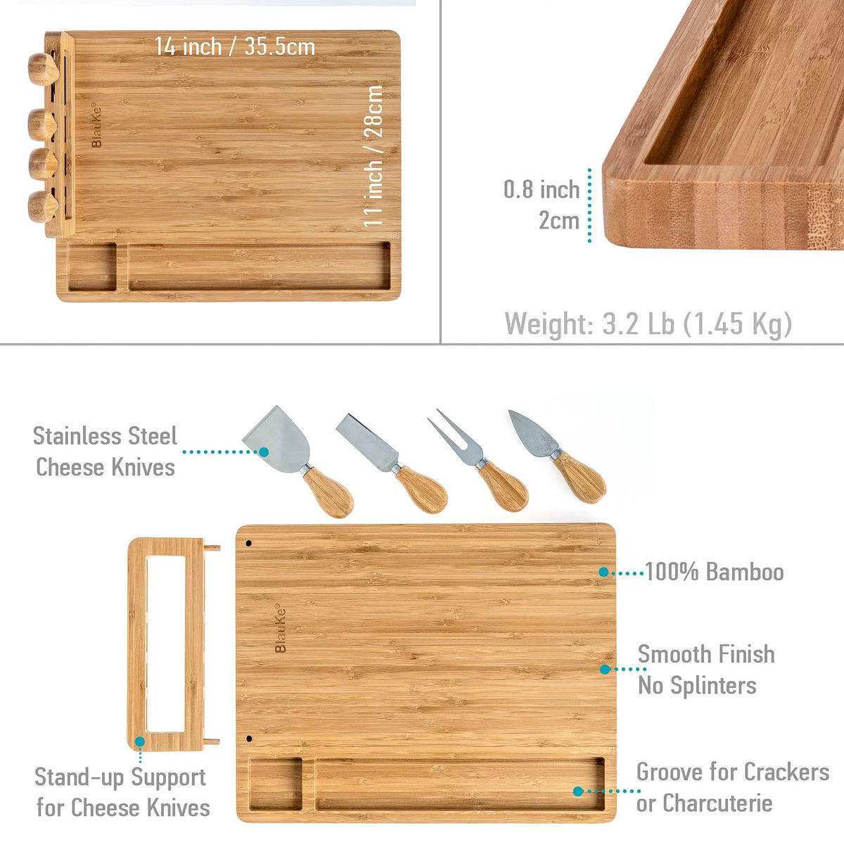 Bamboo Cheese Board and Knife Set 14x11 inch with 4 Cheese Knives P129633