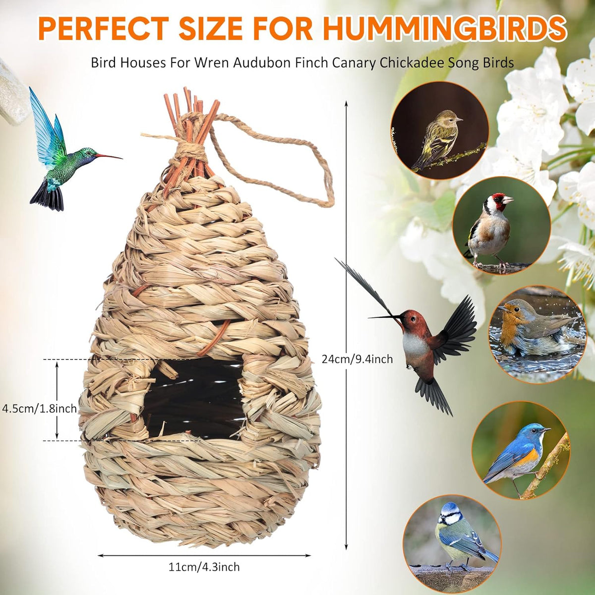 8 Pack 9.45 x 4.33 Inch Hand Woven Natural Fiber Hummingbird Nest Houses X204733