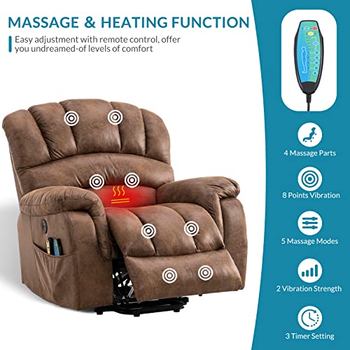Large Power Lift Recliner Chair with Massage and Heat, Extra Wide Oversized Electric Recliner, 350lbs Capacity (Brown) N530