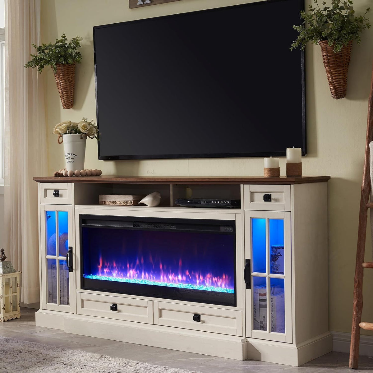 Antique White Fireplace TV Stand with Storage Drawers & Cabinets W3445