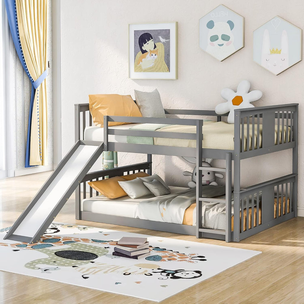 Twin Over Twin Wood Bunk Beds with Ladder Grey X77500