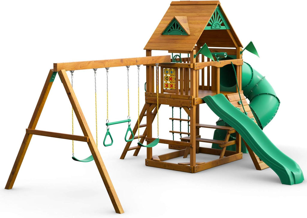 Brown Wooden Swing Set with Two Slides H938