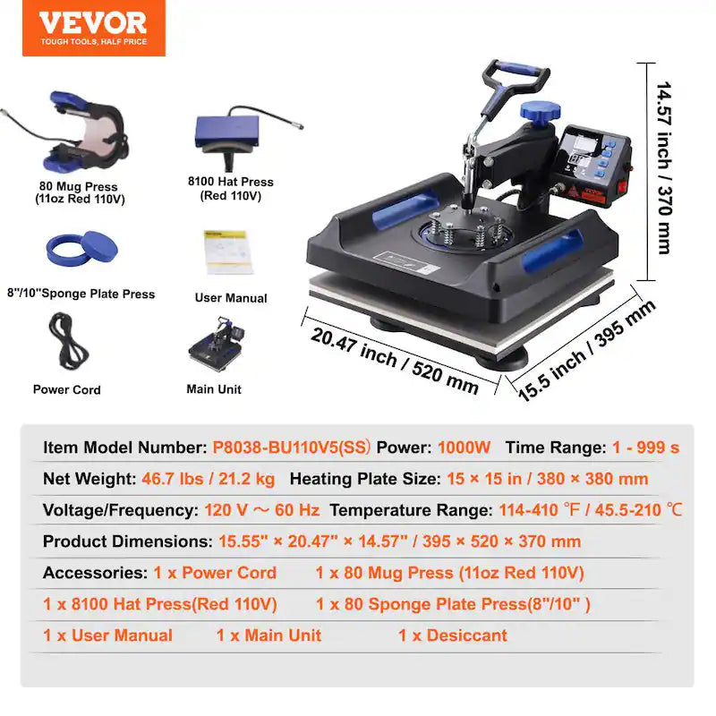 15 in. x 15 in. 5 in 1 Heat Press Machine Blue L363111