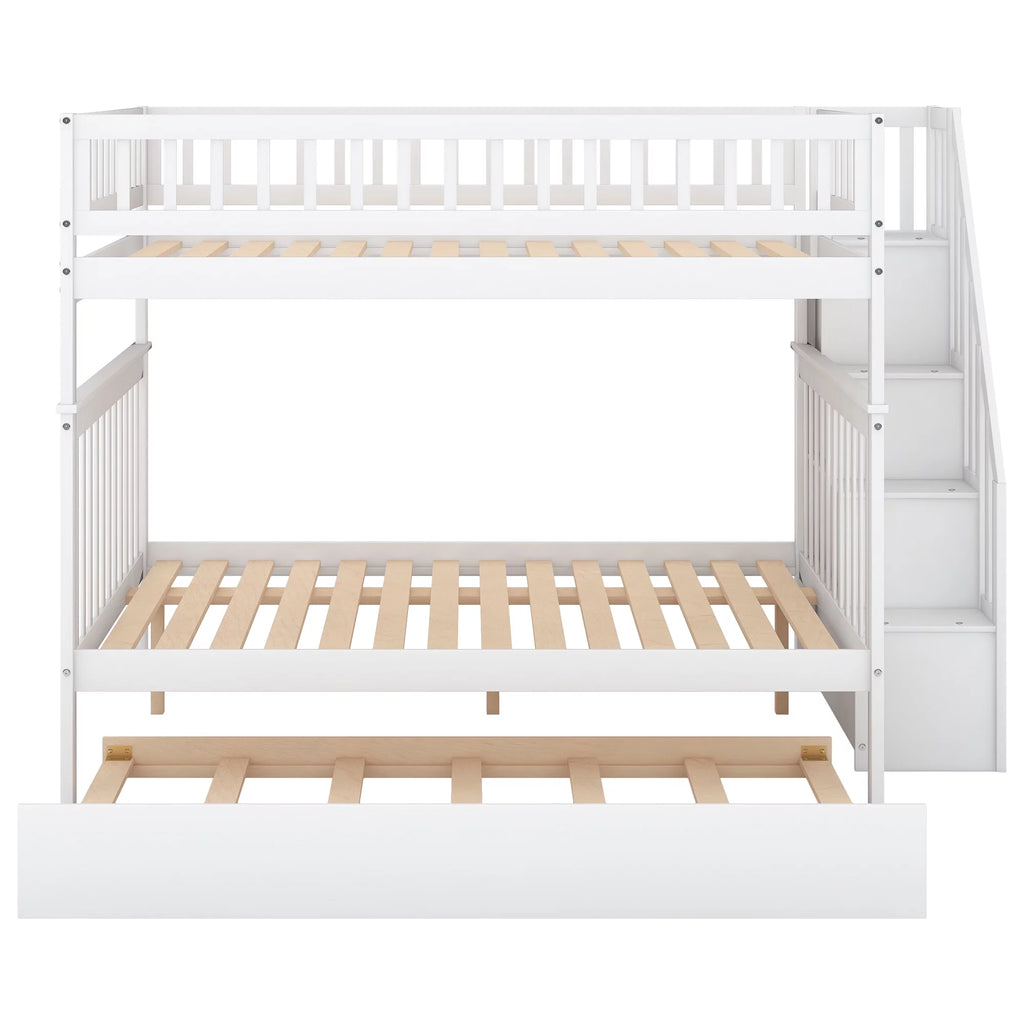 White Full over Full Bunk Bed with Trundle and Storage Shelves H4077
