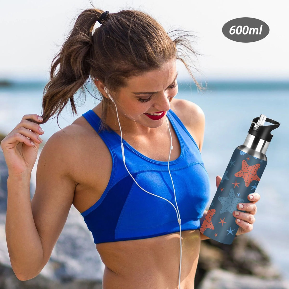 Blue-orange Starfish Stainless Steel Insulated Water Bottle with Straw Lid W5672