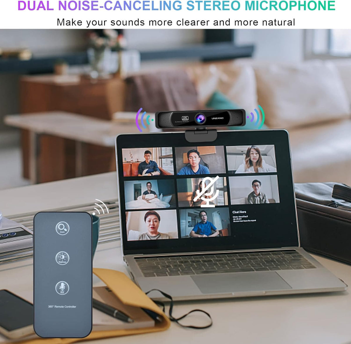 4K Webcam with Remote Control, Full HD, Auto-Focus 120° Wide Angle, Dual Noise Reduction Mics, Pack of 2 W659641