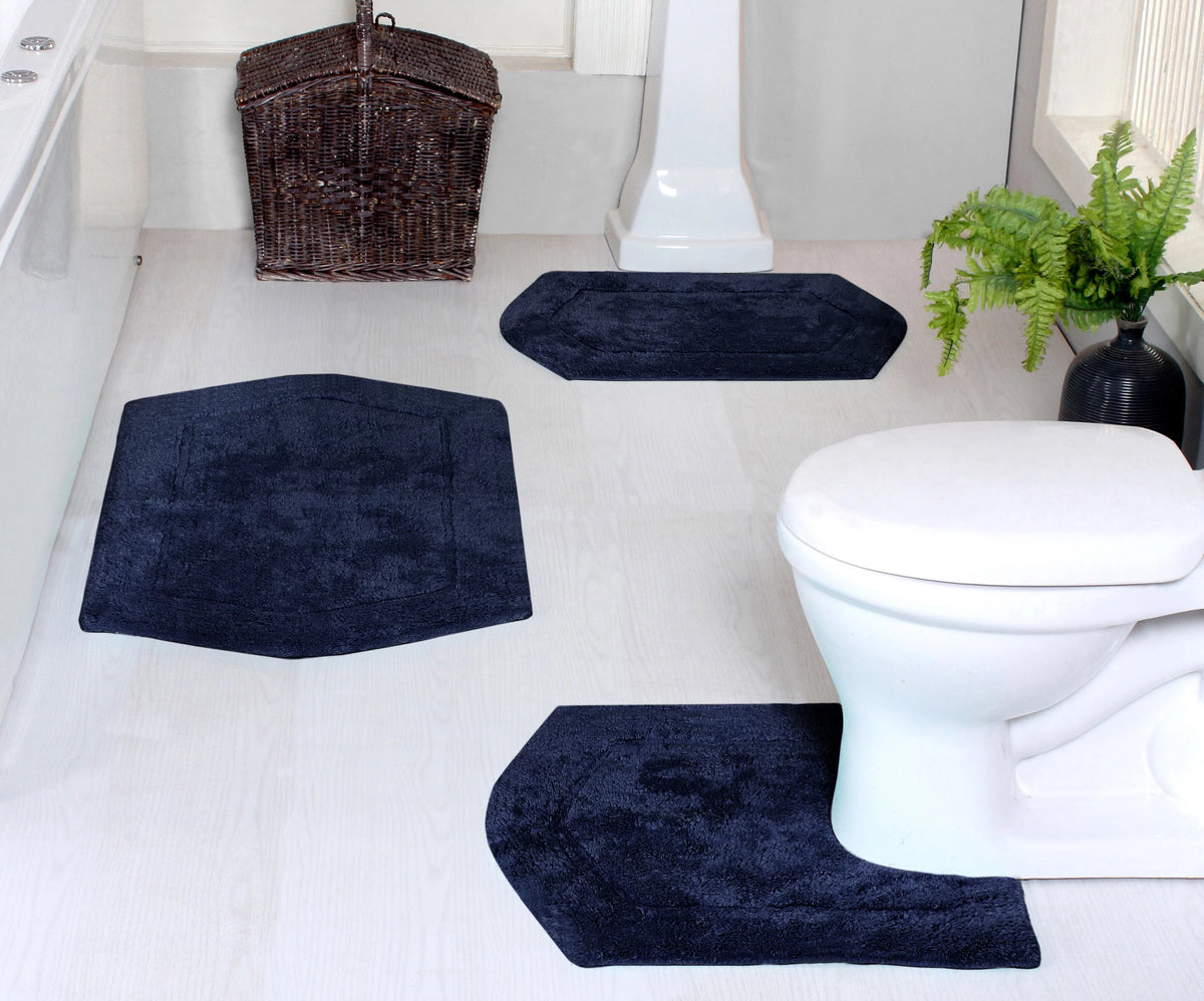 Navy 3 Piece Cotton Tufted Bath Rug Set Q789
