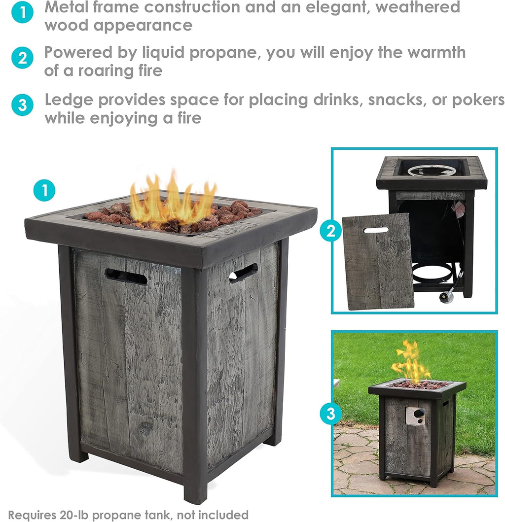 Square Outdoor Propane Gas Fire Pit Table with Weathered Wood Look, Cast Stone, 25 Inches Tall V64029
