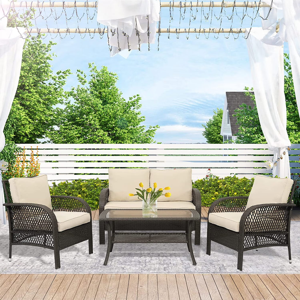 Beige 4 Pcs Outdoor Wicker Conversation Sofa Set S645