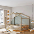 Wooden Full Size Bed Frame with Fence Guardrails and Roof O985794