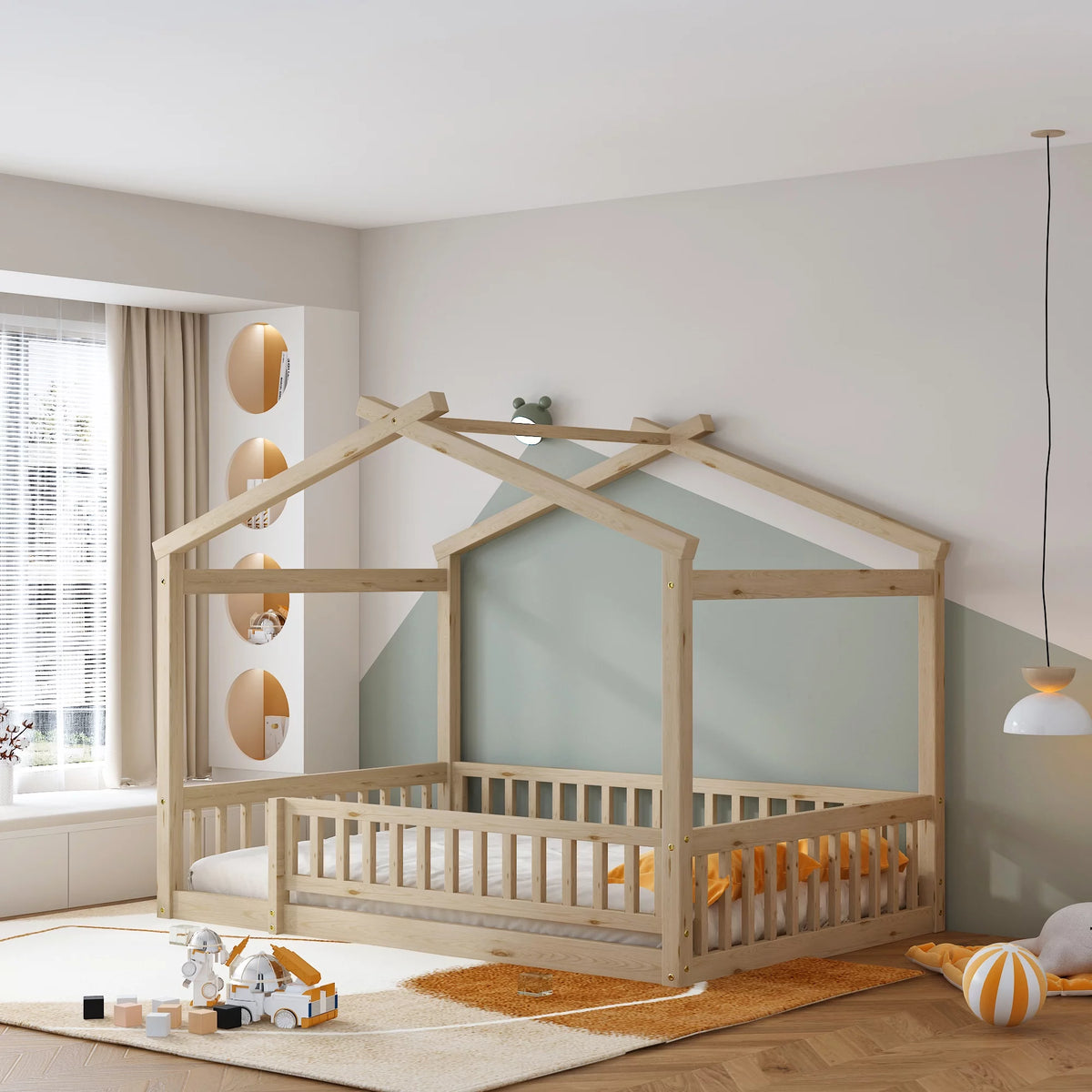 Wooden Full Size Bed Frame with Fence Guardrails and Roof O985794