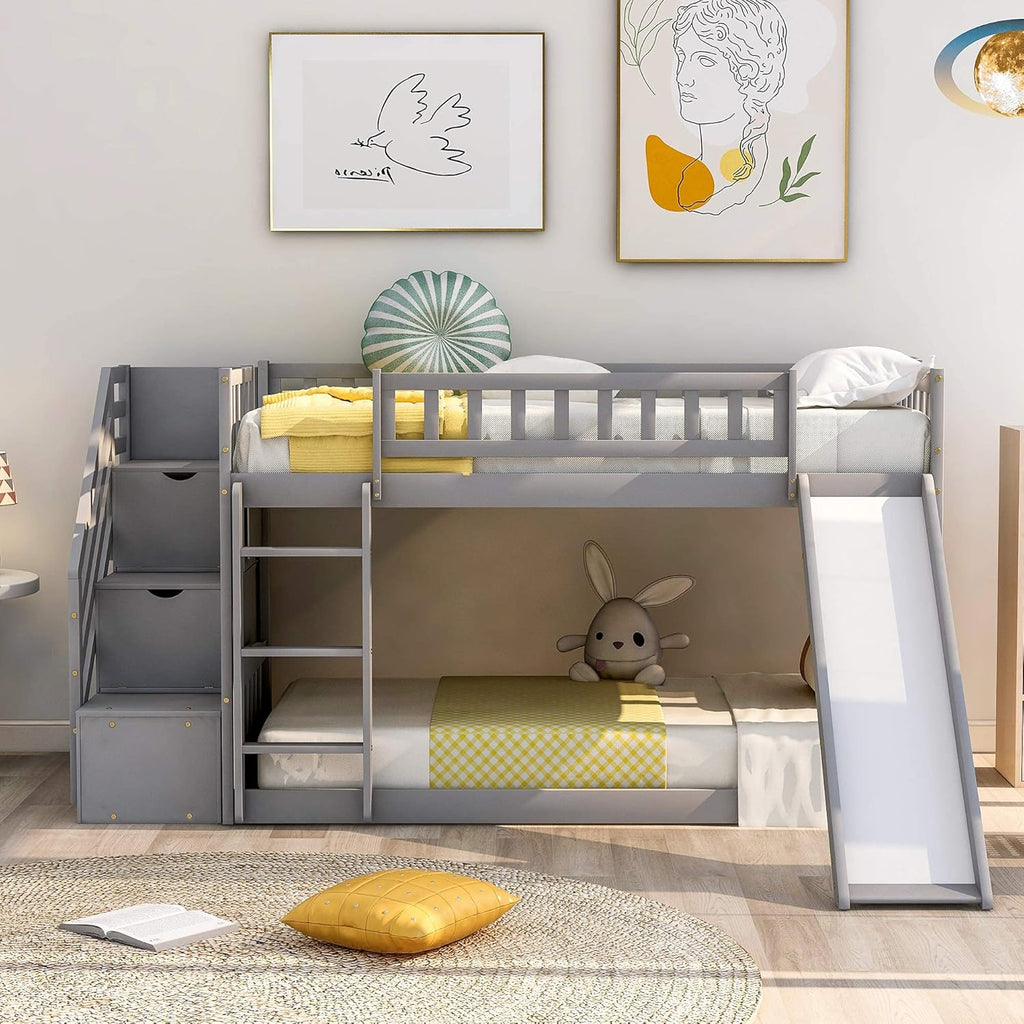Twin Low Profile Bunk Beds with Slide and Staircase X37761