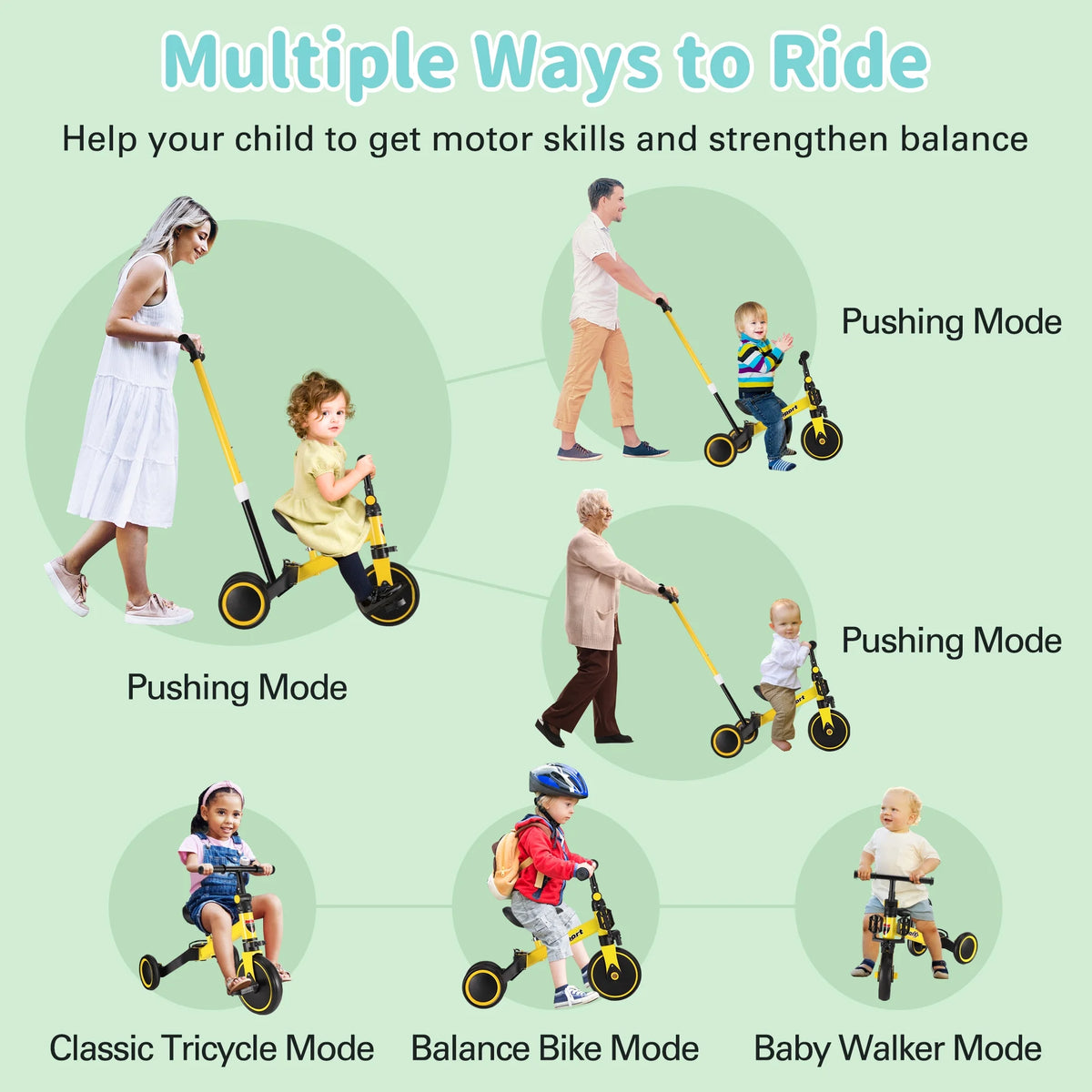6 in 1 Kids Tricycle with Adjustable Seat and Removable Pedal F9061