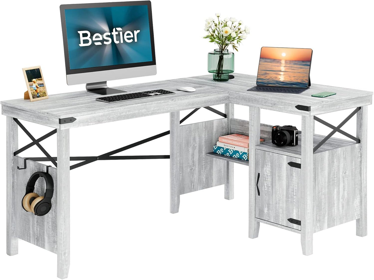 Rustic Brown Computer Desk with Storage Cabinet and Bookshelf A11383