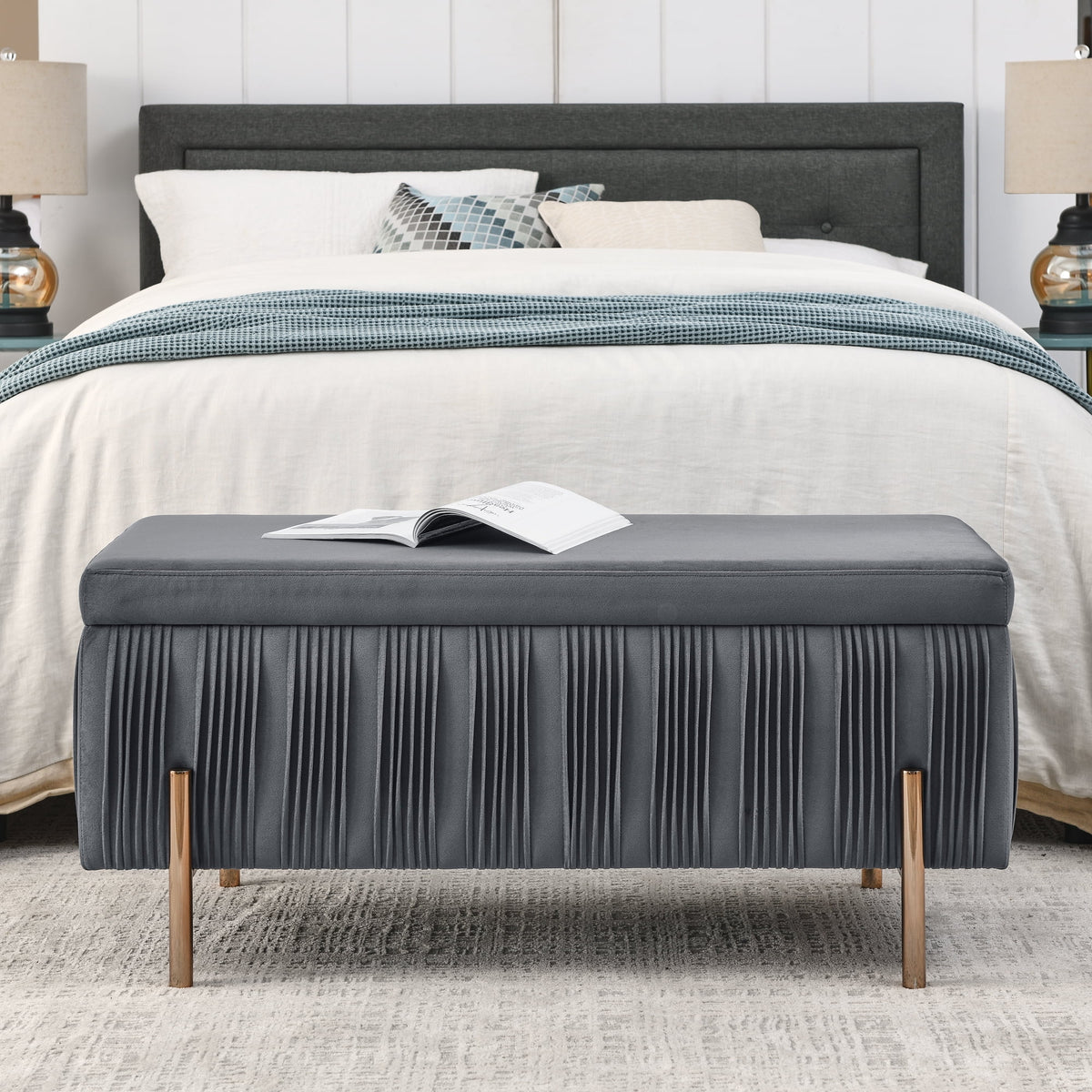 Grey Velvet Upholstered Storage Bench X2427