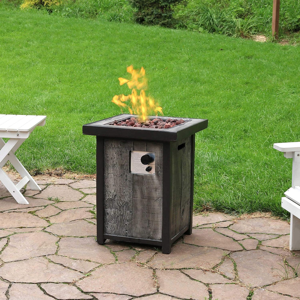 Square Outdoor Propane Gas Fire Pit Table with Weathered Wood Look, Cast Stone, 25 Inches Tall V64029