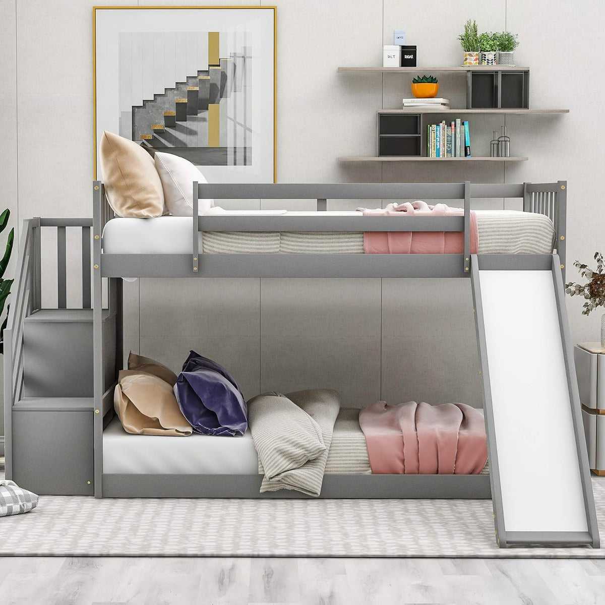 Twin Low Profile Bunk Beds with Slide and Staircase X37761