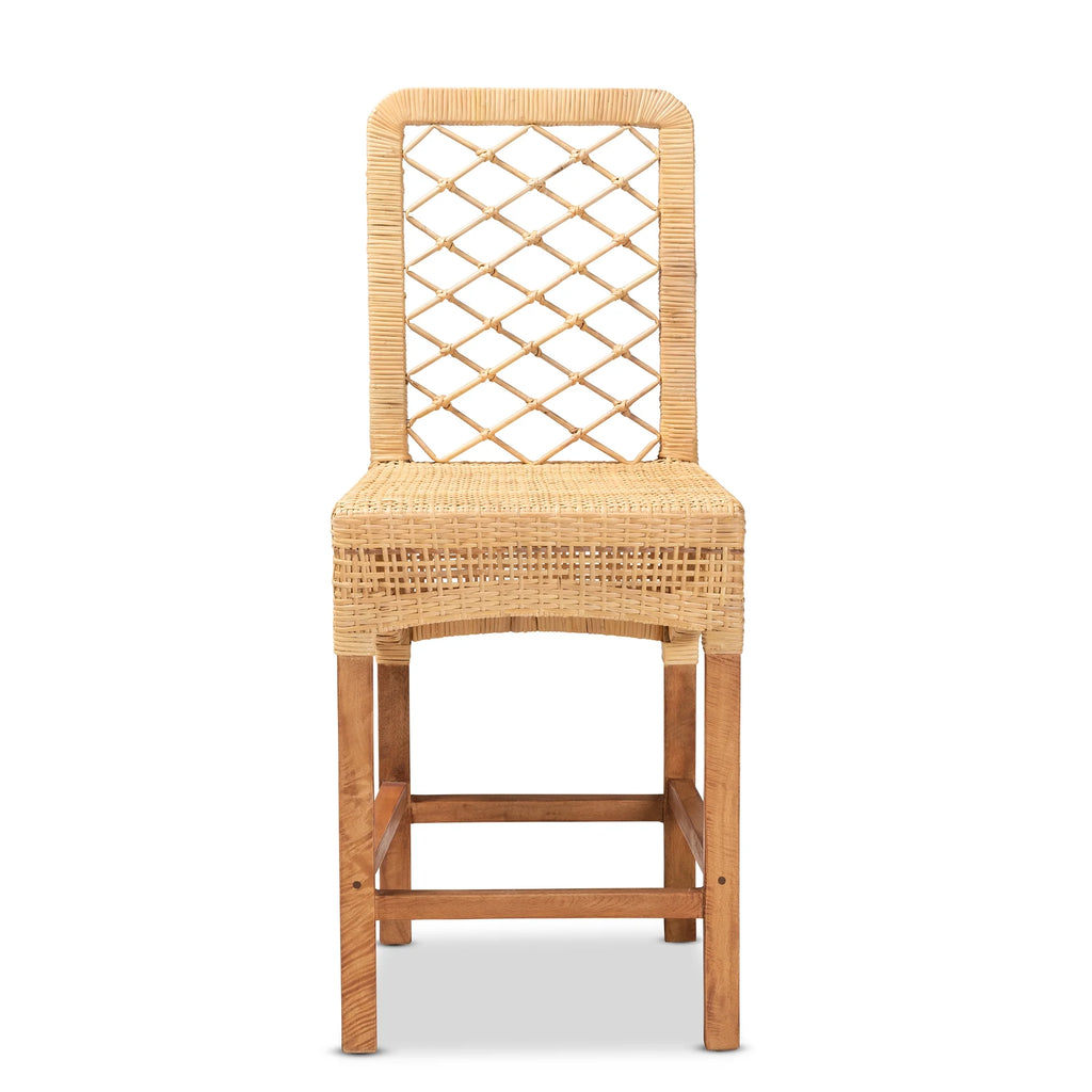 Natural Rattan and Walnut Brown Wood Counter Stool B240775